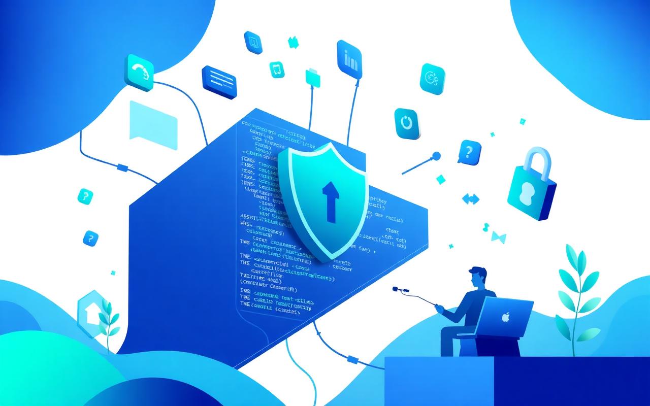 Illustration of secure web application architecture with shield and code